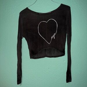 Dark Grey Cropped Long Sleeve Top with White Heart NYC Graphic